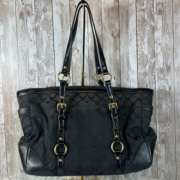 Vintage Coach Black Signature Monogram Shoulder Bag Purse Double Strap Jacquard - Picture 2 of 9